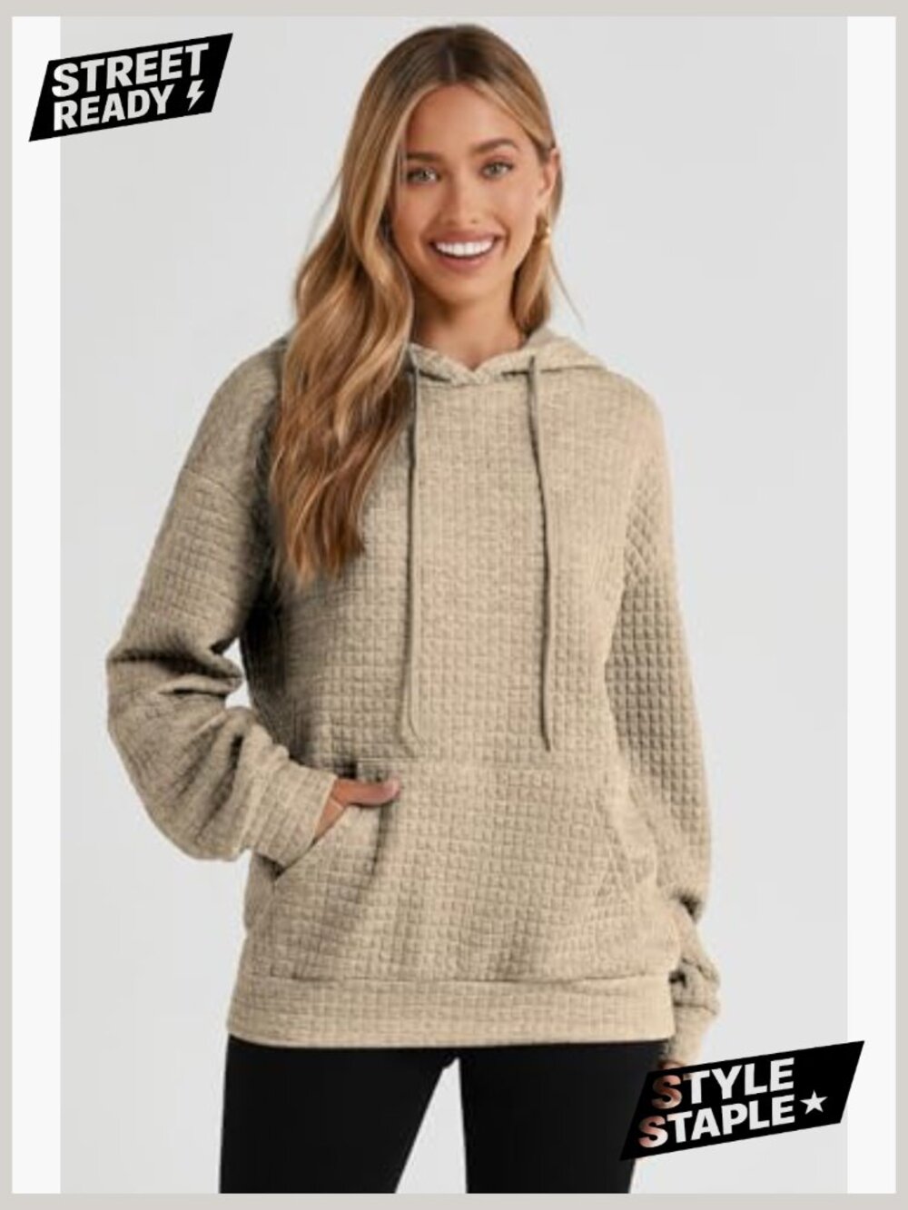 Womens Oversized Hoodie Drawstring Waffle Pullover Sweatshirt with Pocket - Picture 3 of 7